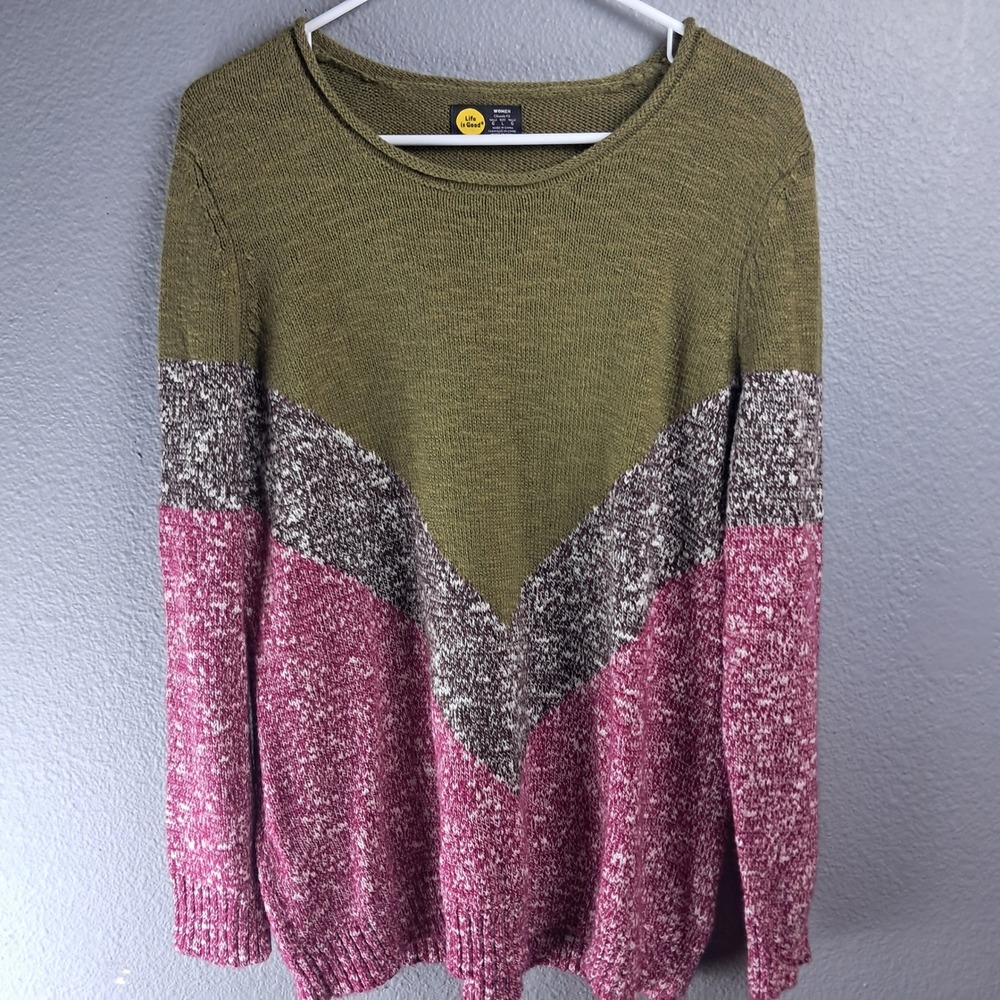 Life is Good Women's Color Block Sweater Knit Pullover Casual Comfy Green Pink L